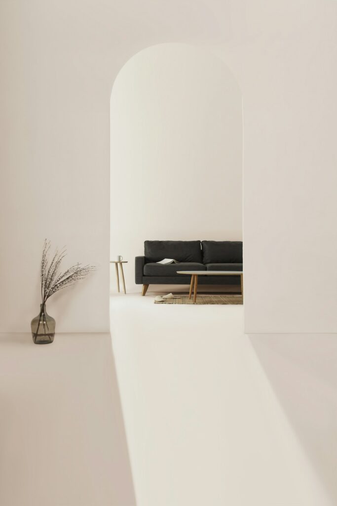 Minimalist, light-filled interior representing space-efficient, sustainable design